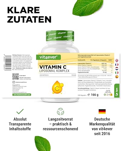 vit4ever Liposomales Vitamin C - 240 vegane Kapseln - Premium: Hochdosiert mit 1000mg reinem Vitamin C pro Tag - Besonders hohe Bioverfügbarkeit
