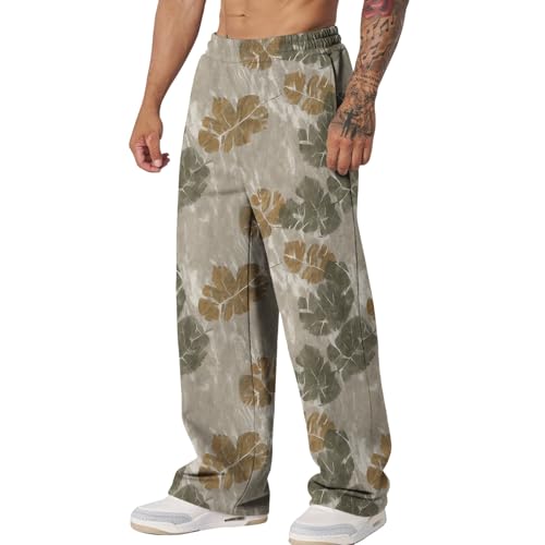 Mens Camouflage Pants Loose Fit Straight Leg Elastic Waist Outdoor Hiking Casual Ankle Length Trousers for Autumn