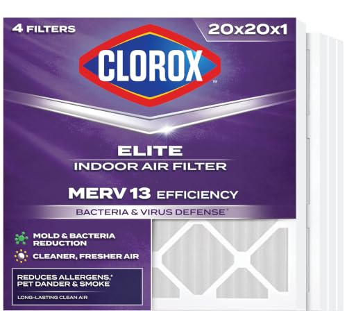 Clorox 20x20x1 Air Filter MERV 13 Pleated HVAC AC Furnace Air Filters for Allergies Pet Dander Smoke and more MPR 1500 & FPR 10 Pack of 4