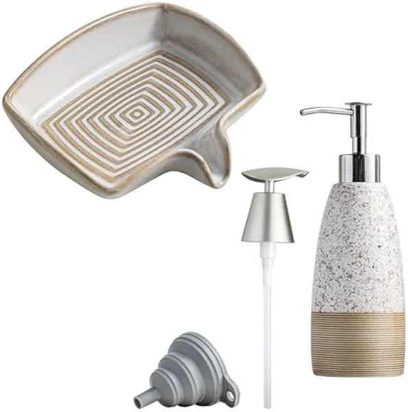 Soap Dishes, Ceramic Shower Soap Dish with Waterfall Design & Soap Dispenser Set for Shower, Ceramic Refillable Soap Bottle for Shampoo