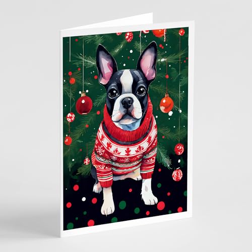 Caroline's Treasures DAC3388GCA7P Boston Terrier Christmas Greeting Cards Pack of 8 Blank Cards with Envelopes Whimsical A7 Size 5x7 Blank Note Cards