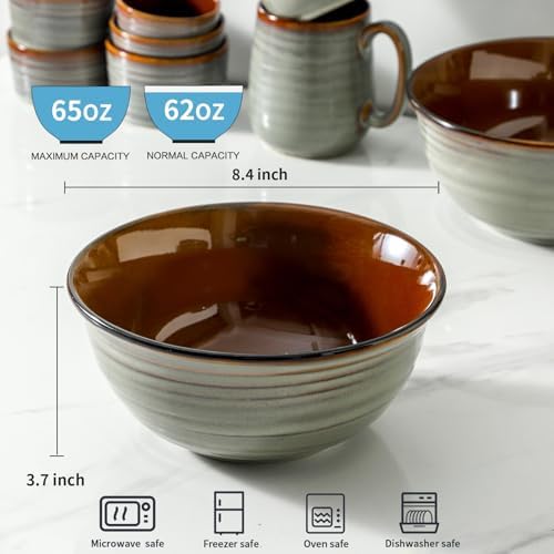 Serving Bowls, 60oz Deep Ceramic Mixing Bowls for Salad Pasta Soup Pho Popcorn, 8.4In Large Bowl Set of 2 for Baking Cooking Kitchen Party Dinner, Microwave and Dishwasher Safe, Brown - Thumbnail 3