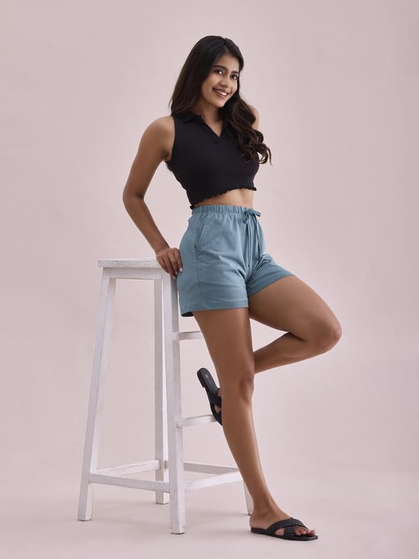 Image of GO COLORS Women Solid Mid Rise Relaxed Fit Casual Shorts