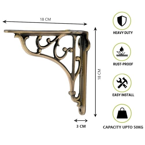 Image of GHAR DWAR Metal Handcrafted Shelf Bracket for Floating Shelves L Angle Decorative L Shaped Corner Brace Joint Heavy Duty Wall Mounted Shelf Supporter Brace Holder (Brass Antiq, Pack of 2)