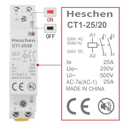 Heschen Modularer Haushalts-Wechselstromschütz, CT1-25/20, 25 A, AC/DC 220 V Spule, 2-polig, 2NO, Zwei normalerweise offene, 35 mm DIN-Schienenmontage, für Schaltkreissteuerung