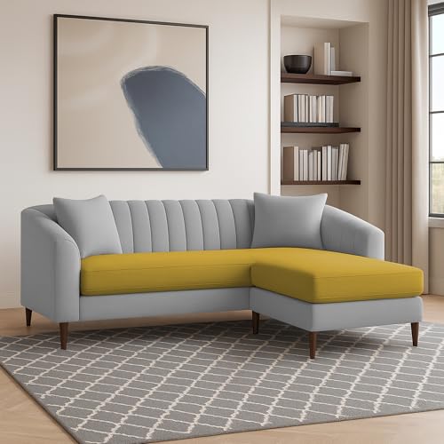Image of Casaliving Doraldo 4 Seater L Shape Convertible Sofa Set for Living Room, 3 Seater & Ottoman Modular Sectional Couch for Small Space (Yellow Grey Colour) Fabric