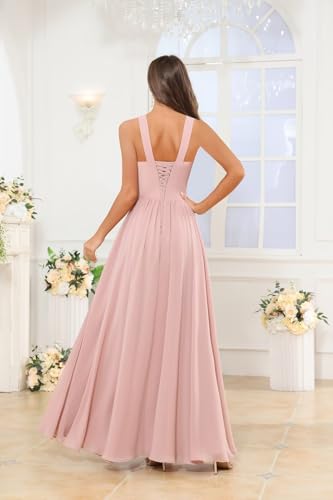 Chiffon Bridesmaid Dresses for Women Ruched Long Spaghetti Straps Formal Evening Gown with Pockets3