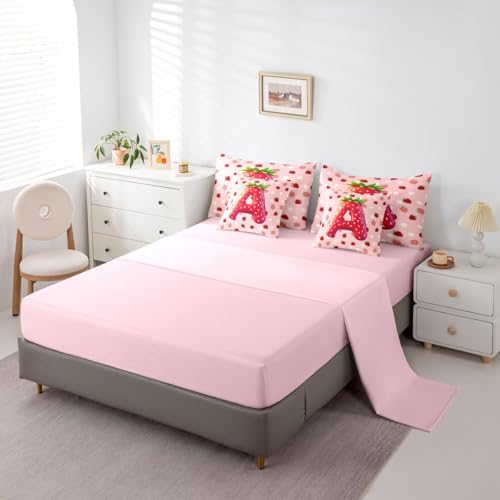 Image of Feelyou Girls Pink Red Strawberry Comforter Set with Sheets 7 Piece Twin Size Initial Letter A Bedding Set for Kids Boys Girls Princess Strawberry Bed in a Bag Room Decor Soft Lightweight Microfiber