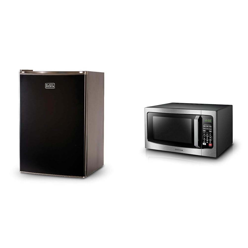 BLACK+DECKER BCRK25B Compact Refrigerator Energy Star Single Door Mini Fridge with Freezer, 2.5 Cubic Feet, Black &amp; TOSHIBA EM131A5C-SS Countertop Microwave Ovens 1.2 Cu Ft, 12.4"