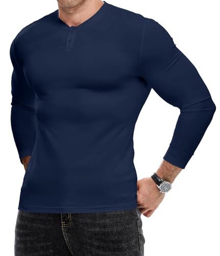 Meilicloth Mens Long Sleeve T Shirt Henley T Shirts Casual Button up V Neck Top Navy Blue
