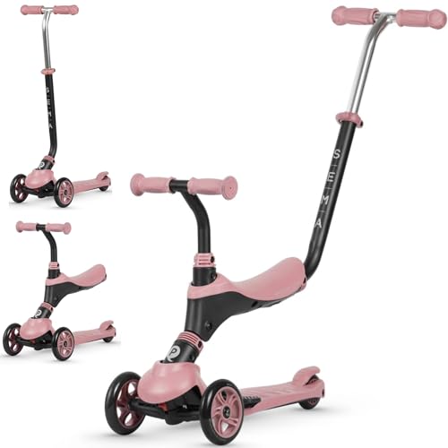 Qplay SEMA Patinete 3 en 1 para Niños, Correpasillos y Patinete Evolutivo, Modo Empuje Parental, Manillar Ajustable, Ruedas de Goma Sin Pinchazos, Freno Trasero, 36-72 Meses (Rosa)