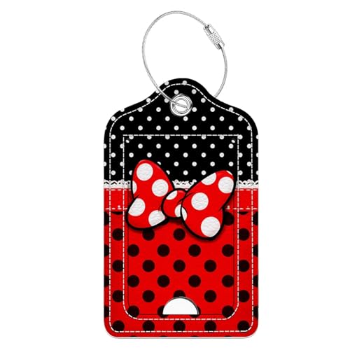 Luggage Tags Cute Red Black Polka Dot Bow Design Double-Sided Privacy Cover ID Labels with Stainless Steel Loop and Address Card for Travel Bag Suitcase