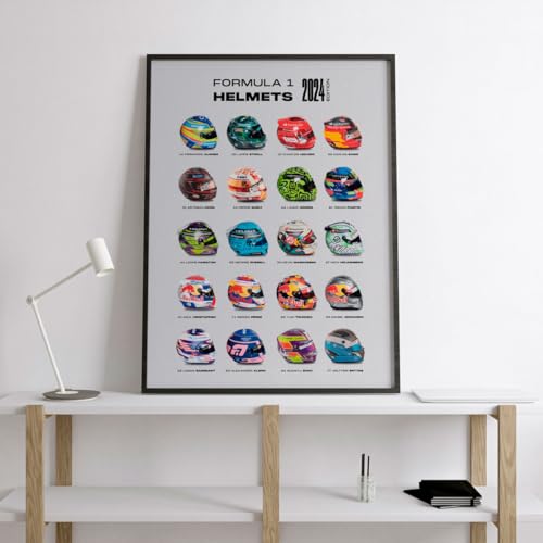 Quadro Decorativo Sem ou Com Moldura F1 Fórmula 1 Pilotos e Capacetes 2024 Fundo Claro (Moldura Pret