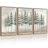 KUVIOKE Green Misty Foggy Pine Tree Framed Wall Art Watercolor Nature Abstract Forest Wall Decor Minimalist Rustic Painting Home Decor 12x16in (Natural Framed)