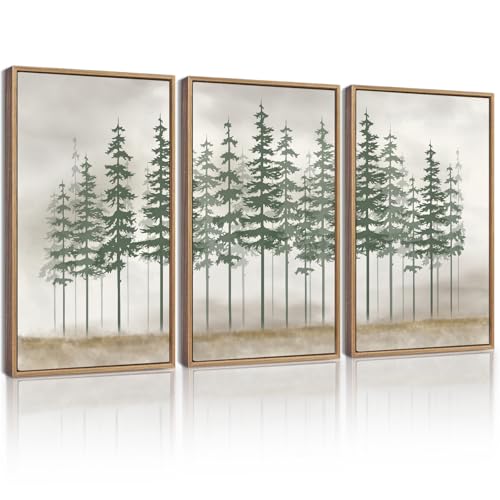 KUVIOKE Green Misty Foggy Pine Tree Framed Wall Art Watercolor