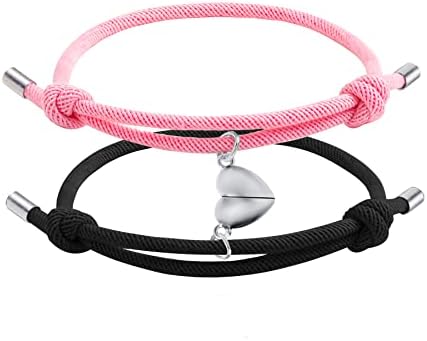 Couples Bracelets Matching Bracelets for Couples Love Bracelets friendship bracelet Heart Magnet Mutual Attraction, Eternal Love & Wish Gift (2pcs Pink/Black)