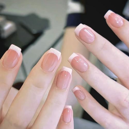 Press on Nail Fake Nail，24 pcs Glue on Full Cover Square Manicure False Nail with Tool Set，Glossy Artificial French Gel Nail Stick on Acrylic Nail for Girl Women