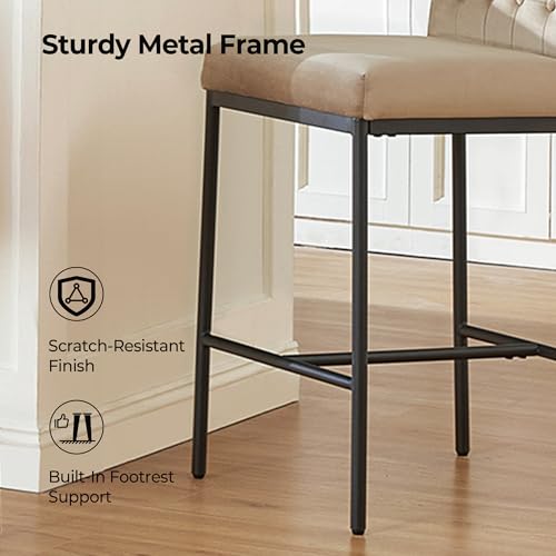 Image of CHITA Modern Bar Stools with Tufted Back Set of 2, 26 inch Counter Height Bar Stool with Metal Legs for Kitchen Island & Dining Room, Toffee Fabric, Black Frame