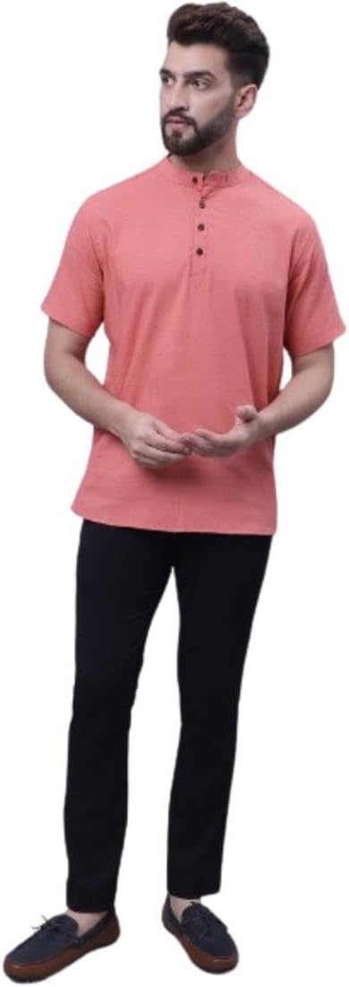 Even Men's Collection Ethnic Wear Pure Cotton Solid Regular Stylish Straight Short Sleeves Kurta with Band collarSKH-DBY1228-PHC-P