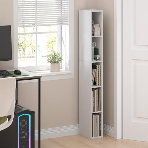 Furinno Fulda Book Shelf, 5-Tier Tall Narrow Bookshelf, Standing Bookcase with 6-in Width Storage Shelf, 9.3 x 5.9 x 51.9, for Organization Storage, for Living Room, Bedroom, Home Office, White by Furinno - Image 2