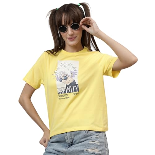 Image of Free Authority Official Jujutsu Kaisen Character Gojo Printed Regular Fit T-Shirt for Women, yellow, M