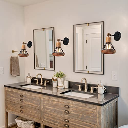 Giluta Conical Industrial Wood Wall Sconce With Cage Shade, Vintage Stylish Bathroom Lighting Log Cabin Home Retro Edison Sconce Lighting Fixtures 1-Light, Brown (W0050) #TOP2