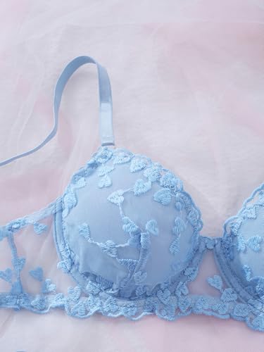 Image of Sexy Floral Embroidered Flower Mesh Underwire Push Up Lingerie Set
