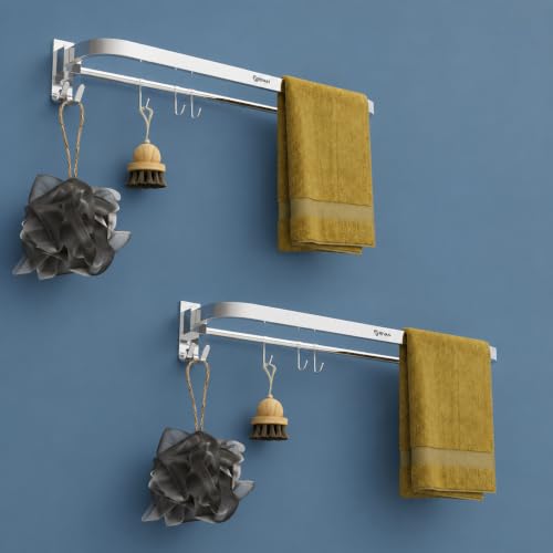 Image of GRIVAN Stainless Steel Towel Rod for Bathroom with Hooks | Foldable Towel Holder Stand with Drill Mount (2, Silver, 24 INCH)