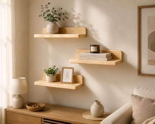 Image of A&A Studio Solid Pine Wood Floating Wall Shelves Set of 3 | 25 x 13 cm Wooden Wall Mounted Shelves | Rustic Shelf for Living Room, Bedroom, Bathroom, Kitchen & Office