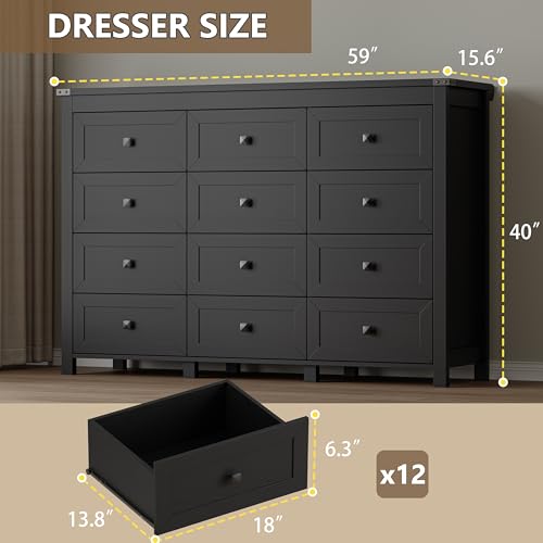 Image of BORNOON 12-Drawer Dresser, Modern Wooden Storage Chest of Drawers, Dresser TV Stand, Wood Drawer Organizer with Metal Handles for Bedroom, Living Room, Hallway