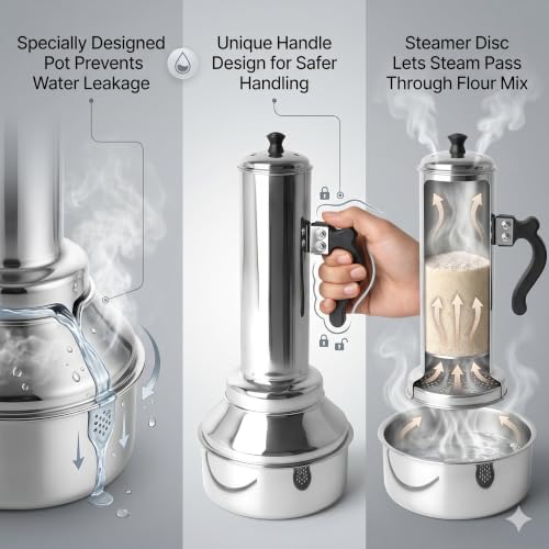 Image of Nakshathra Stainless Steel Puttu Maker with Bakelite Handle, Steamer, ideal Puttu Kudam for Induction & Gas Stove, Toxin Free Material (Medium)