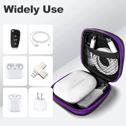 Image of Square Earbud Case Portable EVA Carrying Case Storage Bag Cell Phone Accessories Organizer with Carabiner for Earphone, Earbud, Earpieces, SD Memory Card, Camera Chips, Tech Pouch, Purple