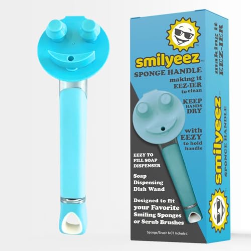 Image of The Original Smiling Handle with Soap Dispensing for Scrub Daddy (Reg. TM) Sponges and Scrub Moji Sponge with Smilyeez Caddy, Dishwand, and 2 Scrub Mojis (Light Blue)