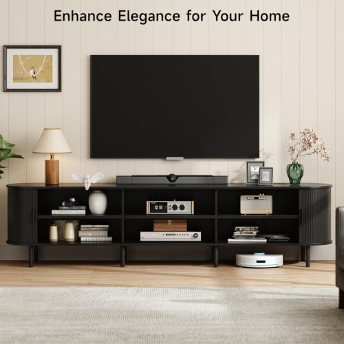 Image of ONBRILL 94.5 inch TV Stand with Power Outlet for TVs up to 102 Inch, Entertainment Center with Storage and Adjustable Shelves, Modern Media Console with Sliding Doors for Living Room, Black