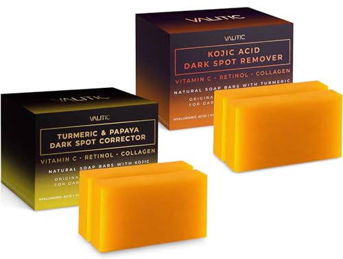 VALITIC Papaya and Turmeric Kojic Acid Soap Bar - Dark Spot Corrector Skin Care Cleansing Bar for Hyperpigmentation Infused with Vitamin C, Hyaluronic Acid, Collagen - Papaya 2 Pack, Kojic Acid 2 Pack