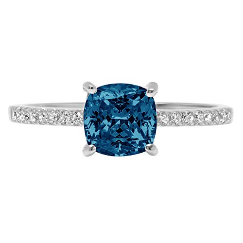 1.6Ct Cushion Cut Solitaire With Accent Natural Royal Blue Topaz Gem Stone Ideal Vvs1 Engagement Promise Statement Anniversary Bridal Wedding Ring Solid 14K White Gold, Size 4.5 #TOP24