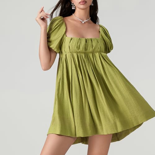 Image of Women Y2k Puff Sleeve Babydoll Dresses Square Neck Tie Back Mini Dress Summer Solid Off Shoulder Flowy Sundress