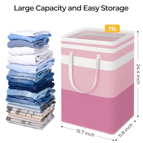 HomeHacks 2 Pack Large Laundry Baskets, Waterproof, Freestanding Laundry Hampers, Collapsible Clothes Hamper with Reinforced Handles in Laundry, College Dorm, Bathroom, Bedroom (Pink, 75Lx2)