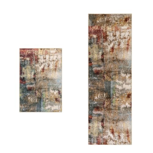 Lahome Modern Abstract Rug - 2x3 & 2x6 Washable Entryway Rug Kitchen Sink Mat Contemporary Faux Wool Non-Slip Soft Floor Indoor Carpet for Front Door Kitchen Bathroom,Red/Multi