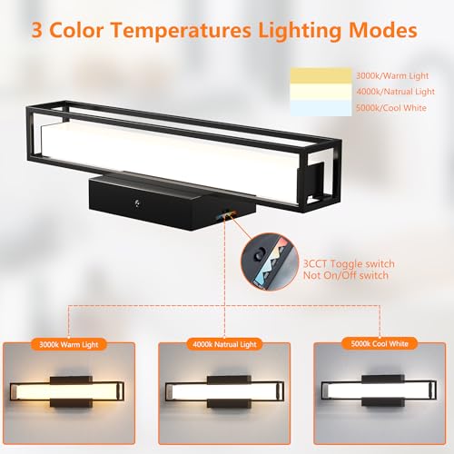 Image of LED Bathroom Vanity Light Over Mirror, 3CCT Dimmable Bathroom Light Fixture, 15.8 inch 6W Vanity Lighting Fixtures, Black Wall Sconce for Bedroom, Living Room