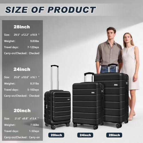 Image of KEYTANG SmileLine 3-Piece Luggage Set Lightweight Hardside Suitcase TSA Lock Spinner Wheels, 20 inch Expandable Carry-On Luggage with Quick Access Front Open Pocket, Bonus Makeup Bag,Black
