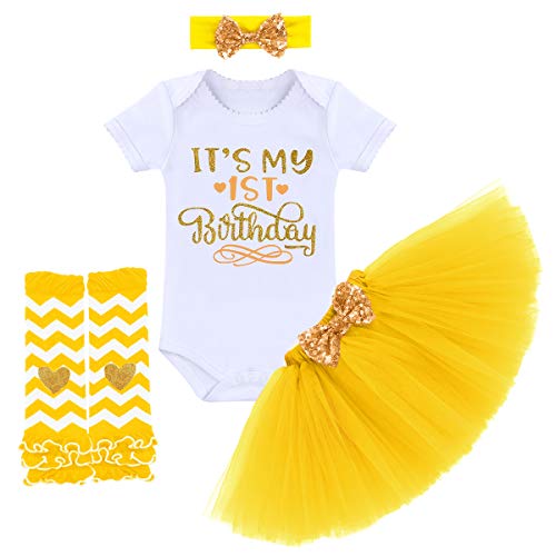 Baby Girls Half 1St 2Nd Birthday Cake Smash Outfits One Year Princess Party Short Sleeve Romper Bodysuit + Tulle Tutu Skirt + Sequin Bowknot Headband + Stripes Leg Warmer Clothes Set 4Pcs Yellow 1St #TOP5