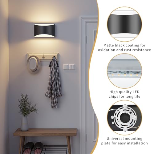 Image of Black Modern LED Wall Sconces, 3 Colors Hardwired Indoor Wall Lights | 3000K /4000K /6000K, 10W Up and Down Wall Mount Light with Memory Function, Wall Lamp for Bedroom Living Room Hallway Corridor