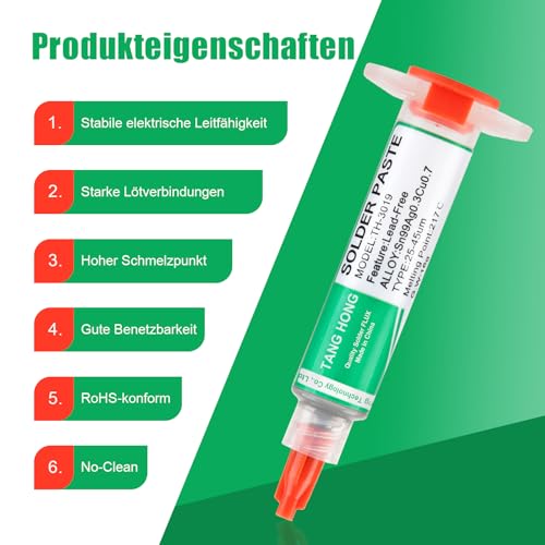 TANG HONG TH-3019 Bleifreies Lötpaste, Sn99/Ag0,3/Cu0,7, Spritzen-Lötpaste, Hochtemperatur-Lötpaste 217 °C, Geeignet für PCB, BGA- und SMT-Lötung (5 ML/4 Stück)