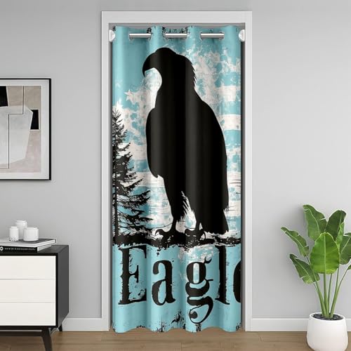 Eagle Silhouette Blackout Door Curtain 80"×42",Rustic Wild Animal Jungle Pine Trees Doorway Curtain Room Darkening,Vintage Teal Wooden Plank Farmhouse Curtain for Bedroom Door,1 Panel