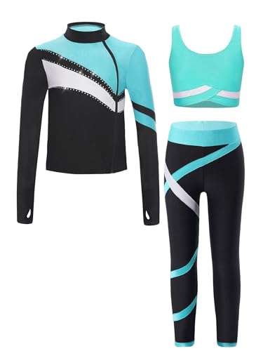 RUNQHUI Mädchen Sportanzug aus Sweatshirt +Sport Bh +Sport Leggings Sporthose Trainingsanzug Kinder Jogginganzug Gym Fitness Workout Blau Grün 122-128