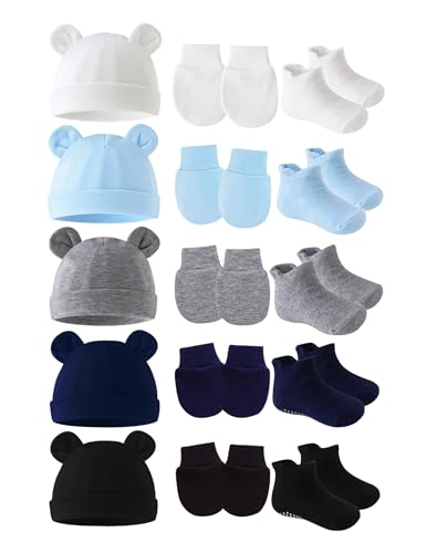 Image of ZURLEFY Cotton Ears Baby Hats Mittens with Socks Set Unisex, No Scratch Mittens and Beanie Cap for Infant Toddler Newborn