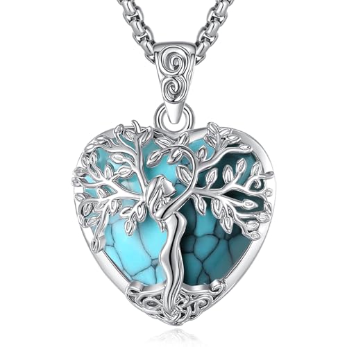 EUDORA Harmony Ball Cuore Albero Della Vita Collana Turchese per Donne Rame Placcato in Argento, Dea Materno Ciondolo a Ciondolo di Cristallo Gioielli di Meditazione Yoga per la Mamma, 20 '+2'