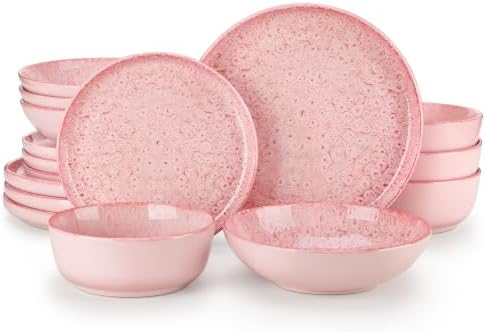 Geschirrset 4 Personen, vancasso Reveal 16tlg Steingut Teller Set, Rosa | Tafelservice mit Speiseteller, Suppenteller, Desserttellern, Schüsseln. Reaktive Glasur, Mikrowellen & Spü
