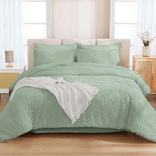 Image of Andency Super King Plus Comforter Set Sage Green - 7 Pieces Bed in a Bag Oversized King Bedding Sets, Boho Tufted Lightweight Fluffy Bed Set with Comforter, Sheets, Pillowcases & Shams